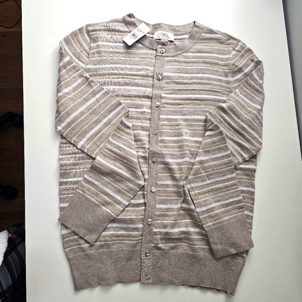 NWT Loft Striped Cardigan in Beige and White with gold & silver threads in sz M